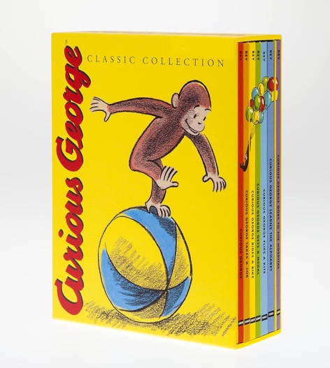 A box of books with a monkey on a ball Description automatically generated